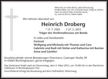 Traueranzeige von Heinrich Droberg von Medienhaus Bauer