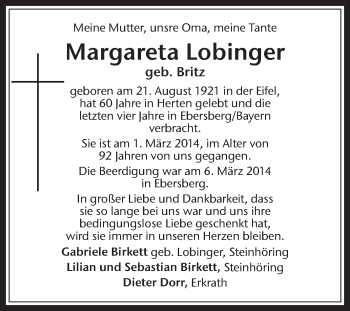 Traueranzeige von Margareta Lobinger von Medienhaus Bauer