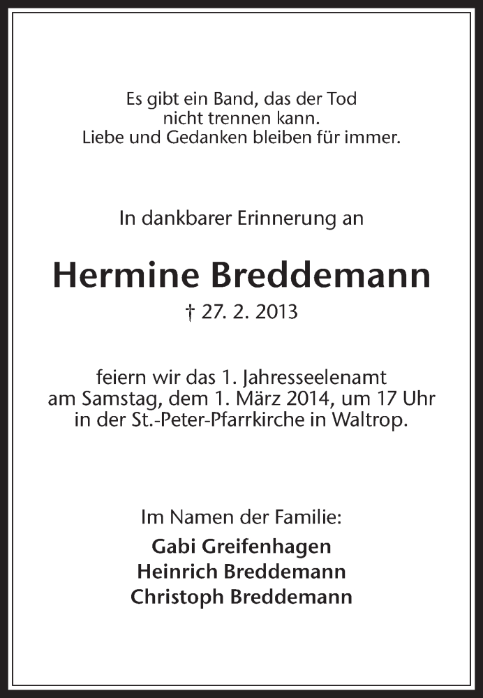  Traueranzeige für Hermine Breddemann vom 20.02.2014 aus Medienhaus Bauer