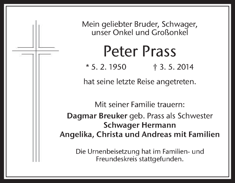  Traueranzeige für Peter Prass vom 16.05.2014 aus Medienhaus Bauer