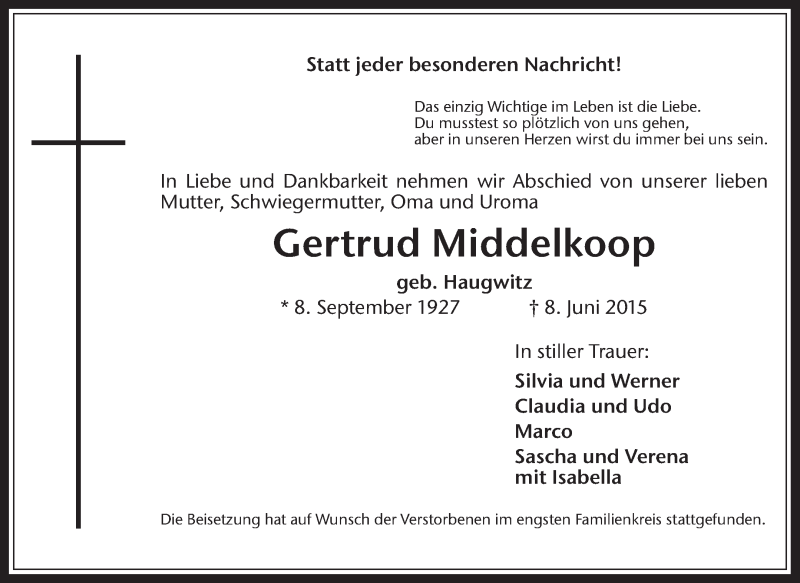  Traueranzeige für Gertrud Middelkoop vom 13.06.2015 aus Medienhaus Bauer