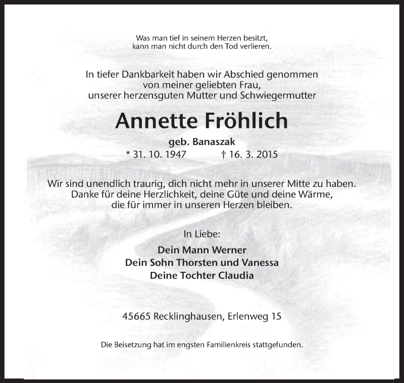  Traueranzeige für Annette Fröhlich vom 28.03.2015 aus Medienhaus Bauer