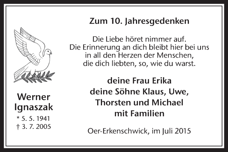 Traueranzeige für Werner Ignaszak vom 03.07.2015 aus Medienhaus Bauer