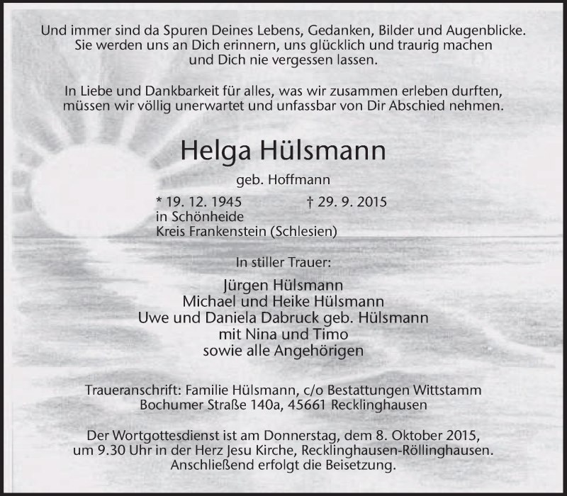  Traueranzeige für Helga Hülsmann vom 06.10.2015 aus Medienhaus Bauer