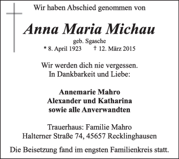Traueranzeige von Anna Maria Michau von Medienhaus Bauer