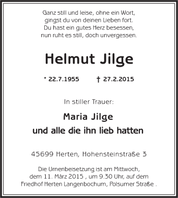 Traueranzeige von Helmut Jilge von Medienhaus Bauer