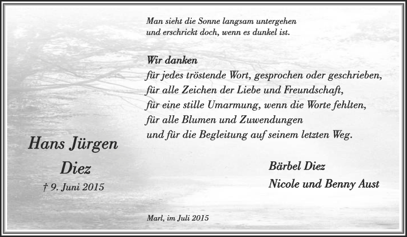  Traueranzeige für Hans Jürgen Diez vom 11.07.2015 aus Medienhaus Bauer