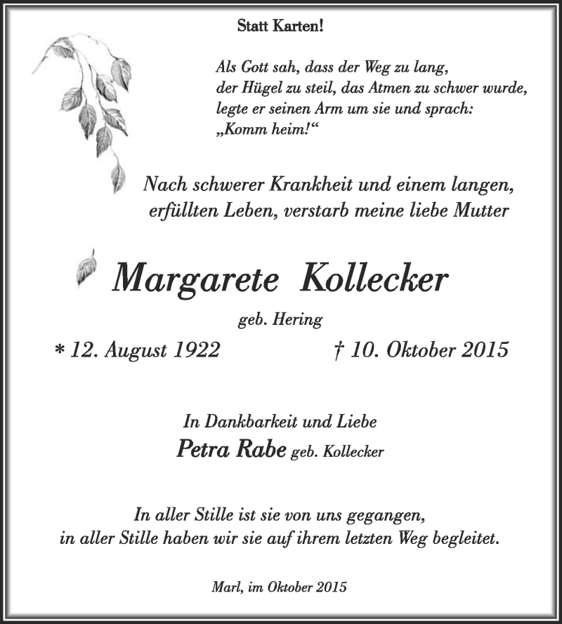  Traueranzeige für Margarete Kollecker vom 24.10.2015 aus Medienhaus Bauer