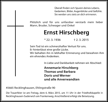 Traueranzeige von Ernst Hirschberg von Medienhaus Bauer