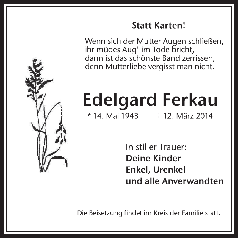  Traueranzeige für Edelgard Ferkau vom 15.03.2014 aus Medienhaus Bauer