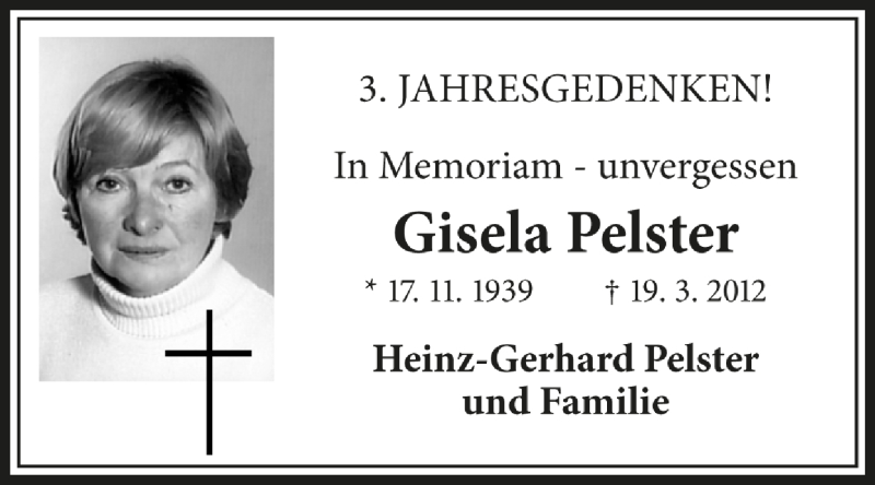  Traueranzeige für Gisela Pelster vom 19.03.2015 aus Medienhaus Bauer