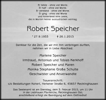 Traueranzeige von Robert Speicher von Medienhaus Bauer