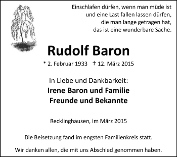 Traueranzeige von Rudolf Baron von Medienhaus Bauer