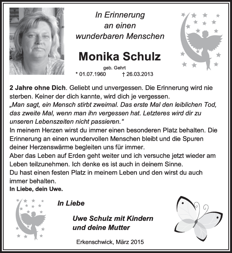  Traueranzeige für Monika Schulz vom 26.03.2015 aus Medienhaus Bauer