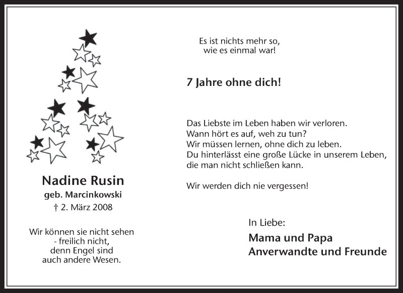  Traueranzeige für Nadine Rusin vom 02.03.2015 aus Medienhaus Bauer