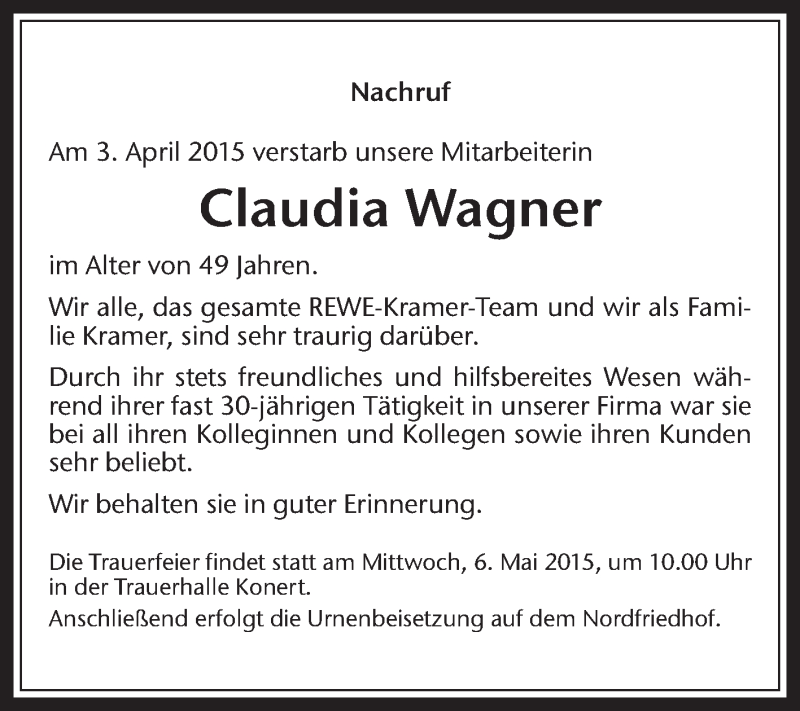  Traueranzeige für Claudia Wagner vom 05.05.2015 aus Medienhaus Bauer