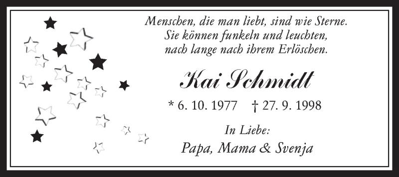  Traueranzeige für Kai Schmidt vom 26.09.2015 aus Medienhaus Bauer