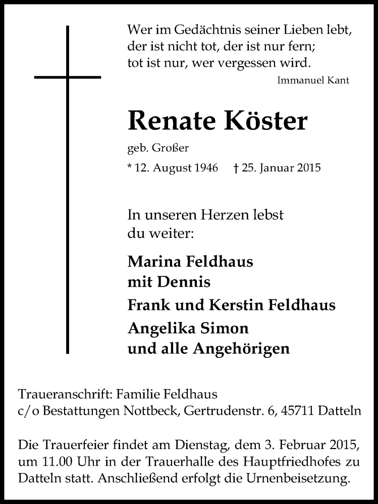  Traueranzeige für Renate Köster vom 28.01.2015 aus Medienhaus Bauer