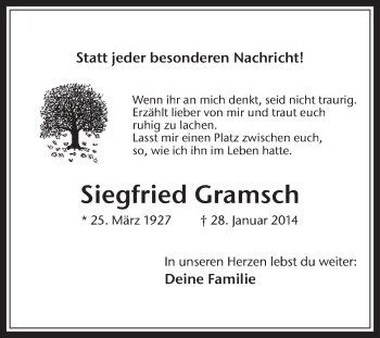 Traueranzeige von Siegfried Gramsch von Medienhaus Bauer