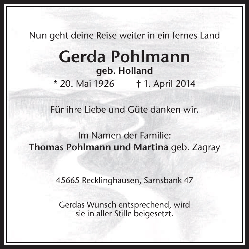  Traueranzeige für Gerda Pohlmann vom 03.04.2014 aus Medienhaus Bauer