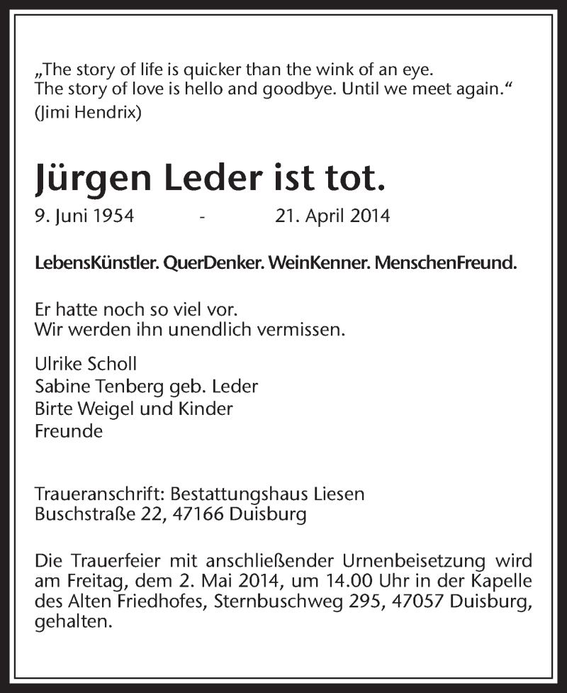  Traueranzeige für Jürgen Leder vom 29.04.2014 aus Medienhaus Bauer