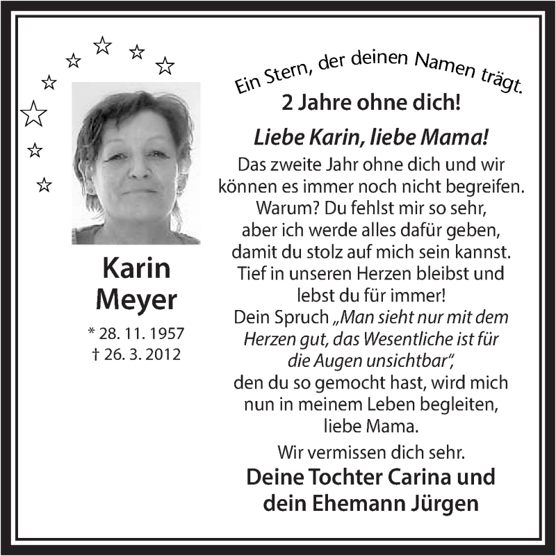  Traueranzeige für Karin Meyer vom 26.03.2014 aus Medienhaus Bauer