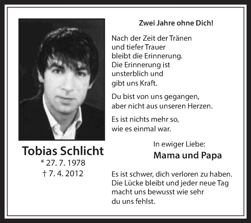 Traueranzeige für Tobias Schlicht vom 07.04.2014 aus Medienhaus Bauer