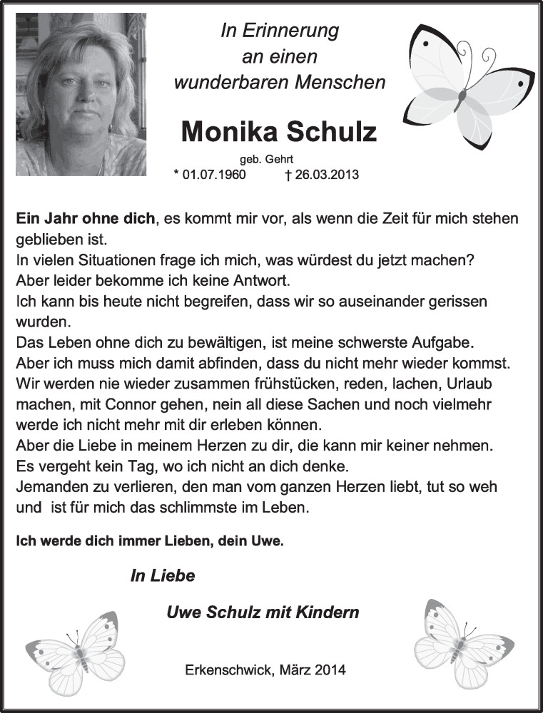  Traueranzeige für Monika Schulz vom 26.03.2014 aus Medienhaus Bauer