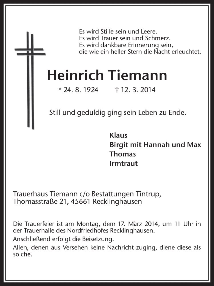  Traueranzeige für Heinrich Tiemann vom 13.03.2014 aus Medienhaus Bauer