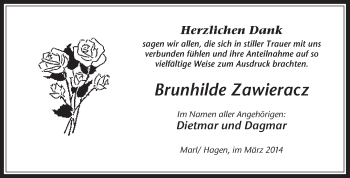 Traueranzeige von Brunhilde Zawieracz von Medienhaus Bauer