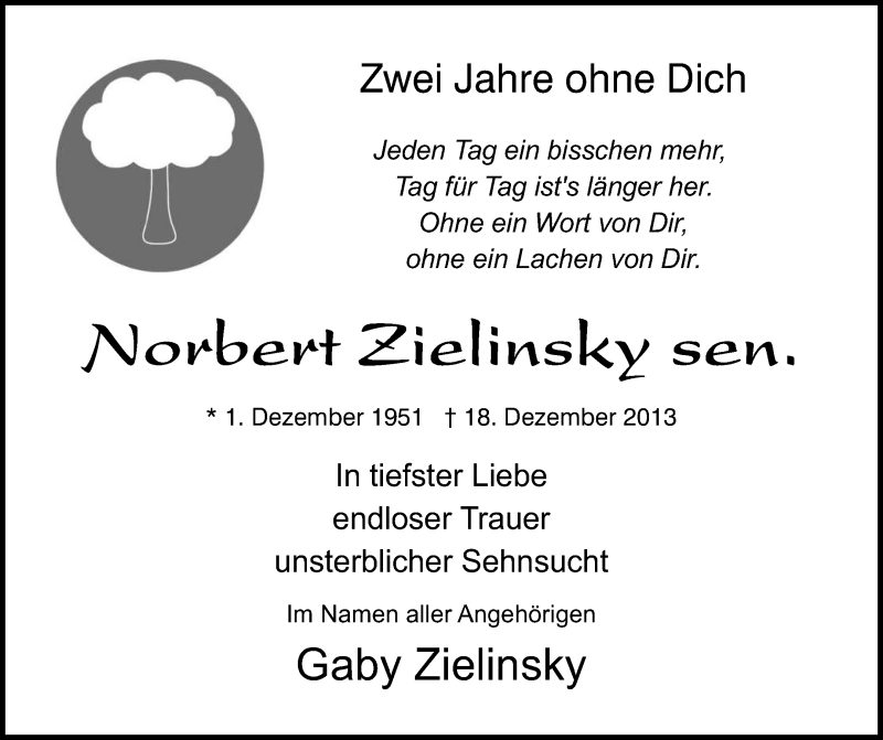  Traueranzeige für Norbert Zielinsky vom 18.12.2015 aus Medienhaus Bauer