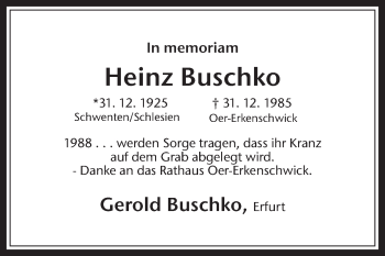 Traueranzeige von Heinz Buschko von Medienhaus Bauer