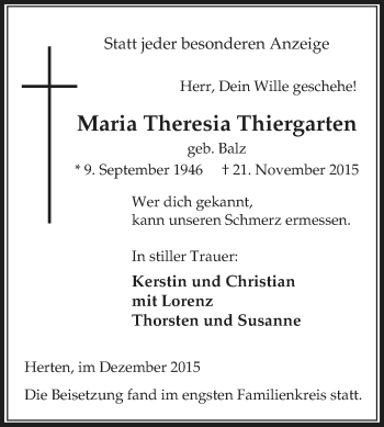 Traueranzeige von Maria Theresia Thiergarten von Medienhaus Bauer