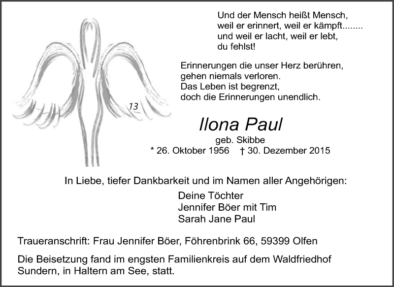  Traueranzeige für Ilona Paul vom 11.01.2016 aus Medienhaus Bauer