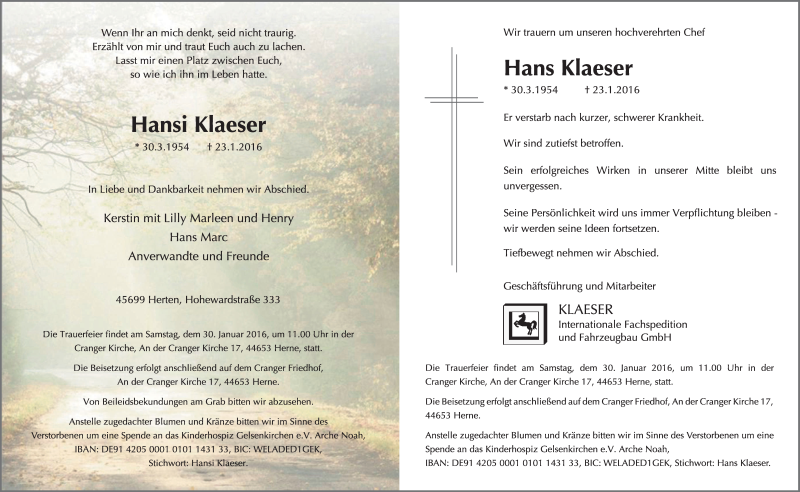  Traueranzeige für Hans Klaeser vom 28.01.2016 aus Medienhaus Bauer