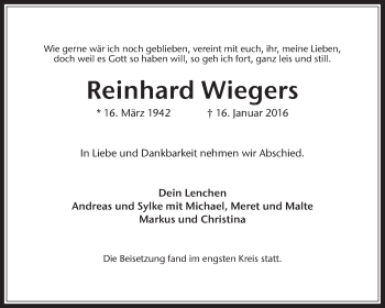 Traueranzeige von Reinhard Wiegers von Medienhaus Bauer