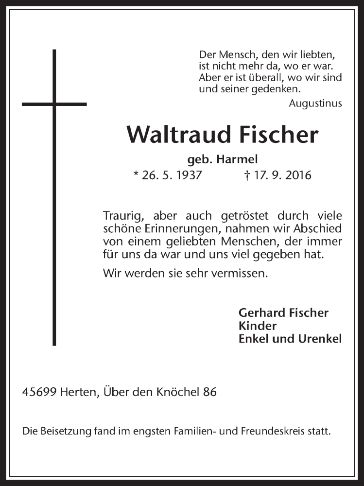  Traueranzeige für Waltraud Fischer vom 08.10.2016 aus Medienhaus Bauer