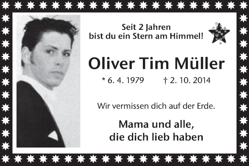  Traueranzeige für Oliver Tim Müller vom 01.10.2016 aus Medienhaus Bauer