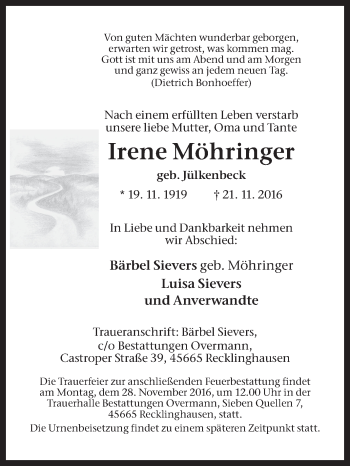 Traueranzeige von Irene Möhringer von Medienhaus Bauer