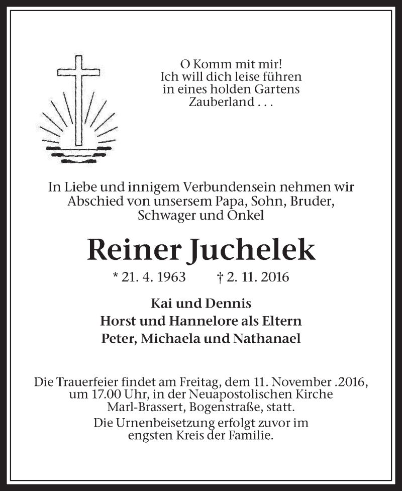  Traueranzeige für Reiner Juchelek vom 05.11.2016 aus Medienhaus Bauer