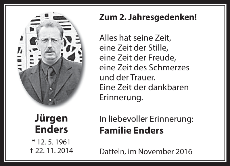  Traueranzeige für Jürgen Enders vom 26.11.2016 aus Medienhaus Bauer