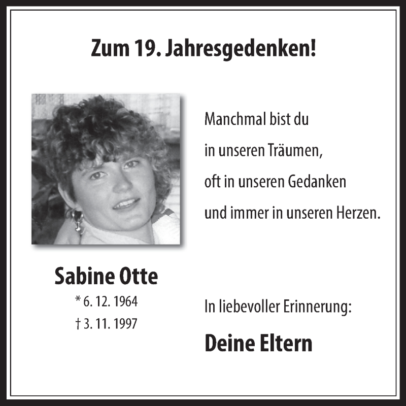  Traueranzeige für Sabine Otte vom 03.11.2016 aus Medienhaus Bauer