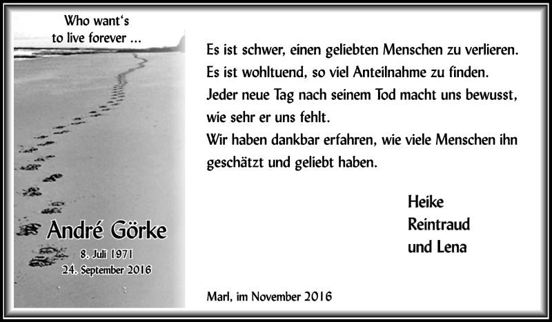  Traueranzeige für Andre Görke vom 05.11.2016 aus Medienhaus Bauer