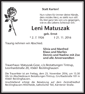 Traueranzeige von Leni Matuszak von Medienhaus Bauer