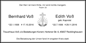 Traueranzeige von Edith/Bernhard Voß von Medienhaus Bauer