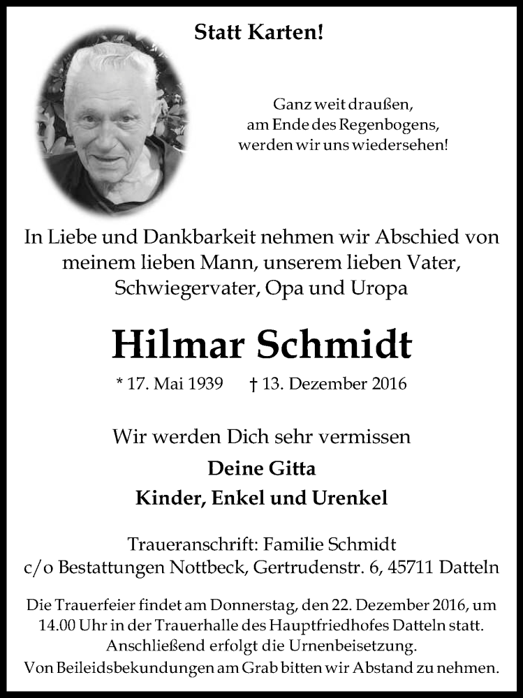  Traueranzeige für Hilmar Schmidt vom 17.12.2016 aus Medienhaus Bauer