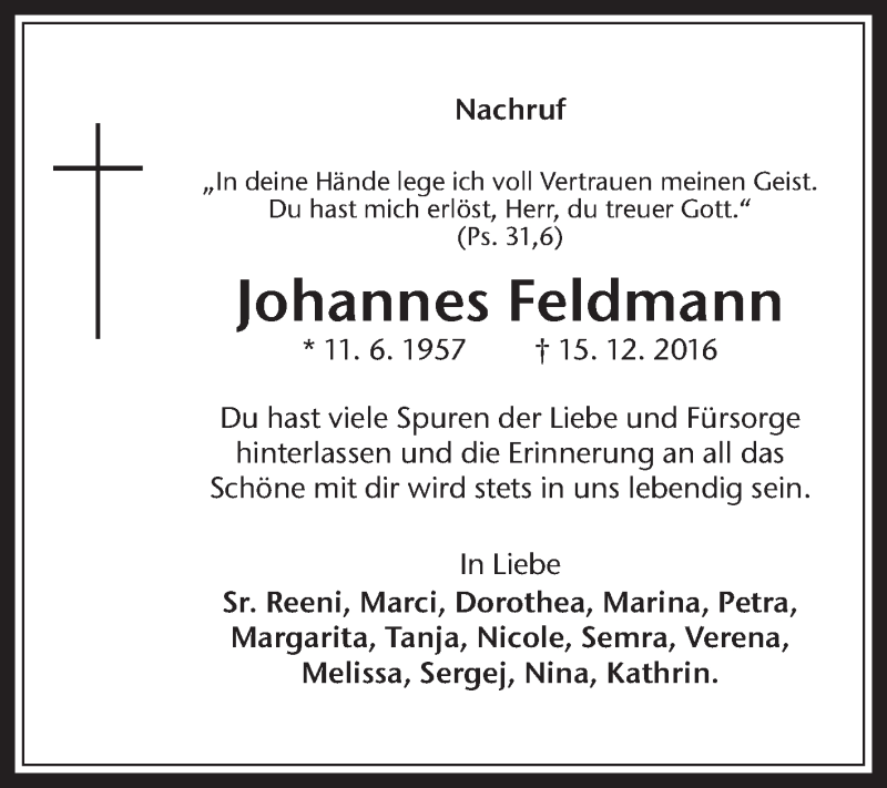  Traueranzeige für Johannes  Feldmann vom 21.12.2016 aus Medienhaus Bauer