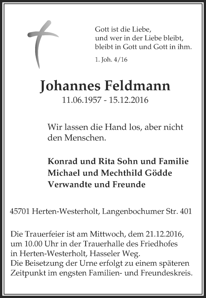  Traueranzeige für Johannes  Feldmann vom 17.12.2016 aus Medienhaus Bauer