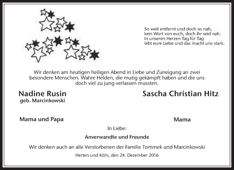  Traueranzeige für Nadine Rusin vom 24.12.2016 aus Medienhaus Bauer