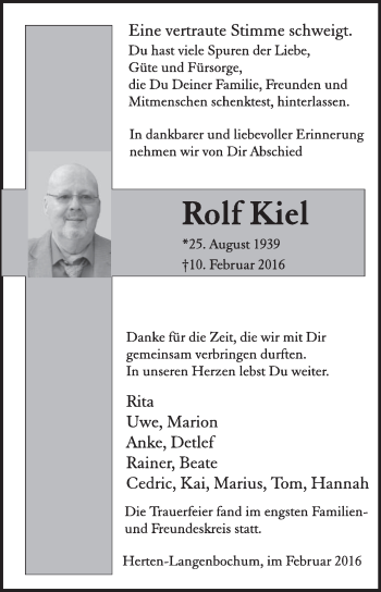 Traueranzeige von Rolf Kiel von Medienhaus Bauer